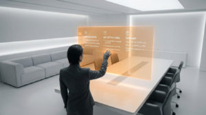 Une personne interagissant avec une interface holographique affichant des notes de réunion dans un bureau futuriste blanc.
