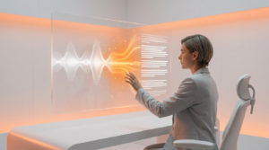 Une femme interagit avec une interface holographique affichant une onde sonore convertie en texte dans un bureau futuriste.