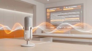 Microphone sur un bureau devant un écran affichant une transcription audio IA en temps réel avec des ondes lumineuses.