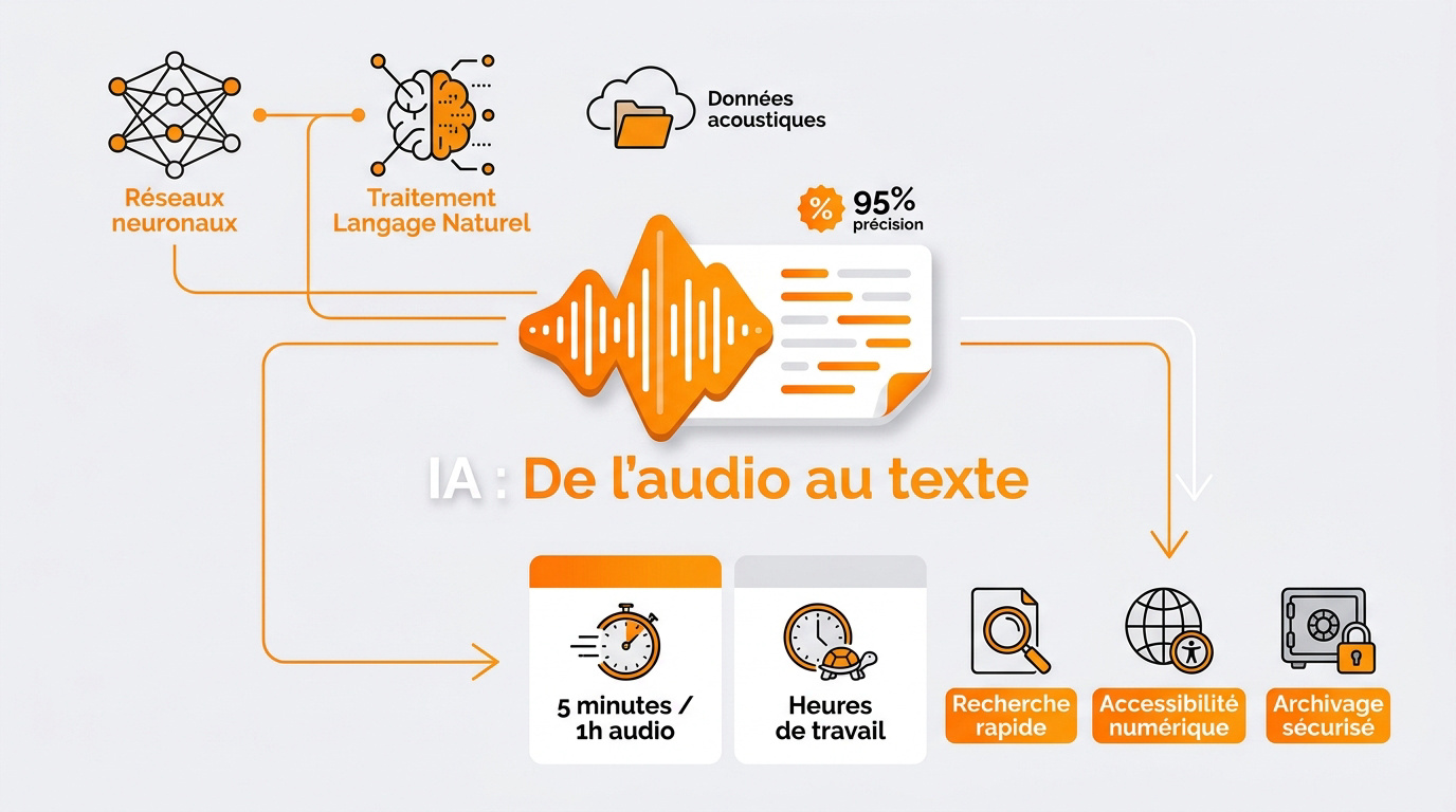 Infographie expliquant le processus de transformation de l'audio en texte par l'intelligence artificielle