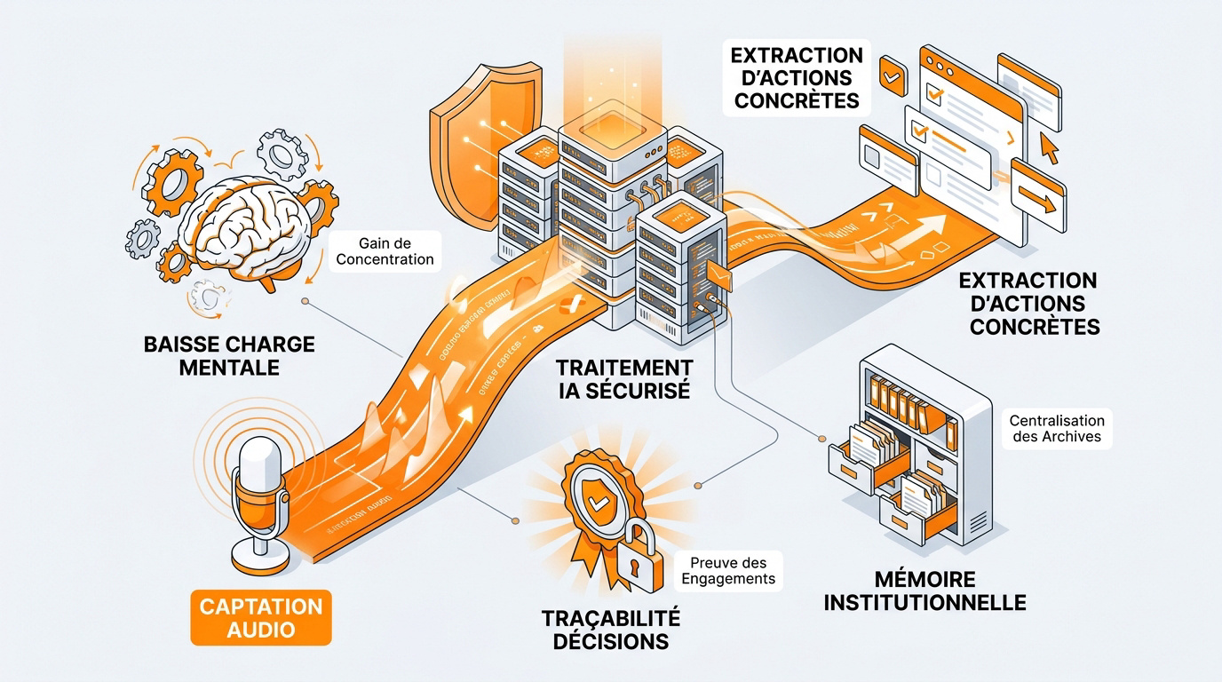 Infographie détaillant le flux de productivité et l'automatisation via l'intelligence artificielle en entreprise