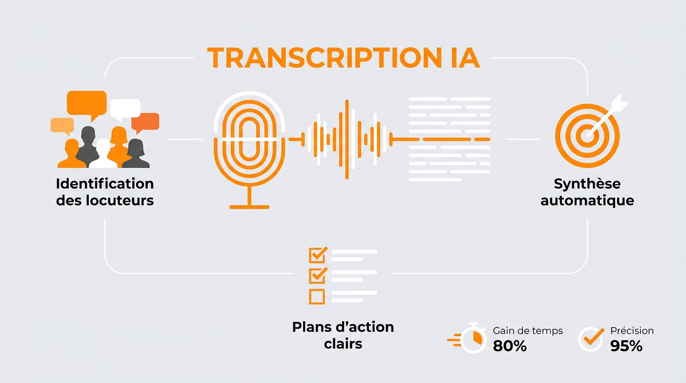 Infographie expliquant le processus de transcription par IA et la synthèse automatique des données de réunion