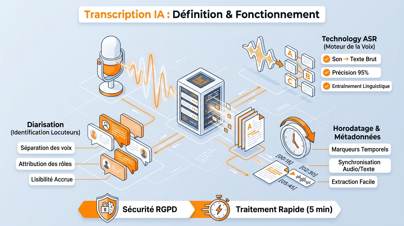 Infographie expliquant le fonctionnement technique de la transcription par IA et les protocoles de sécurité