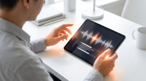 Une personne utilise une tablette affichant une onde sonore pour résumer un enregistrement audio via une intelligence artificielle.