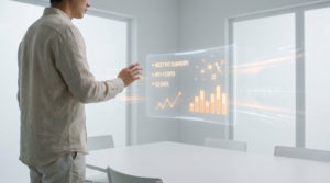 Un homme interagit avec une interface holographique affichant des données et un résumé de réunion dans un bureau.