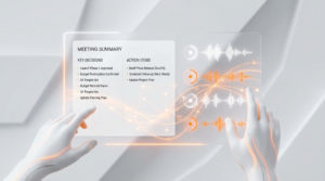 Mains interactives sur une interface holographique affichant un résumé de réunion et des ondes sonores.