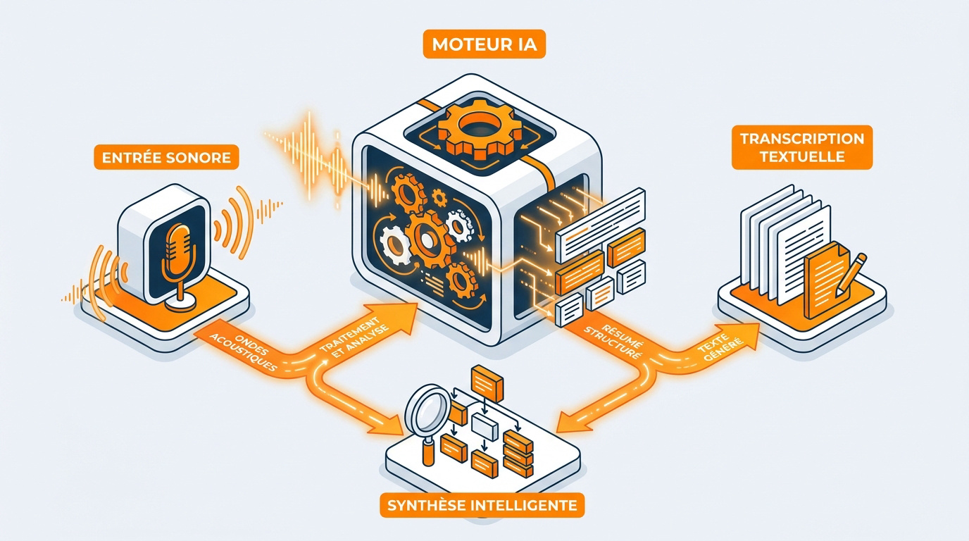 Schéma du processus de transcription et de résumé audio par intelligence artificielle