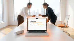 Un ordinateur portable affiche des notes de réunion générées par IA sur une table de bureau avec deux collègues en arrière-plan.