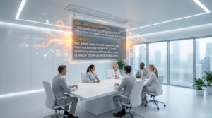 Groupe de professionnels en réunion avec une interface holographique affichant la transcription et un résumé IA.