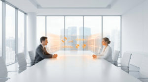 Un homme et une femme d'affaires assis face à face à une table de réunion avec une interface holographique lumineuse.