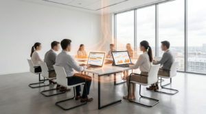 Une équipe en réunion travaillant sur des ordinateurs portables avec des visualisations de données holographiques.