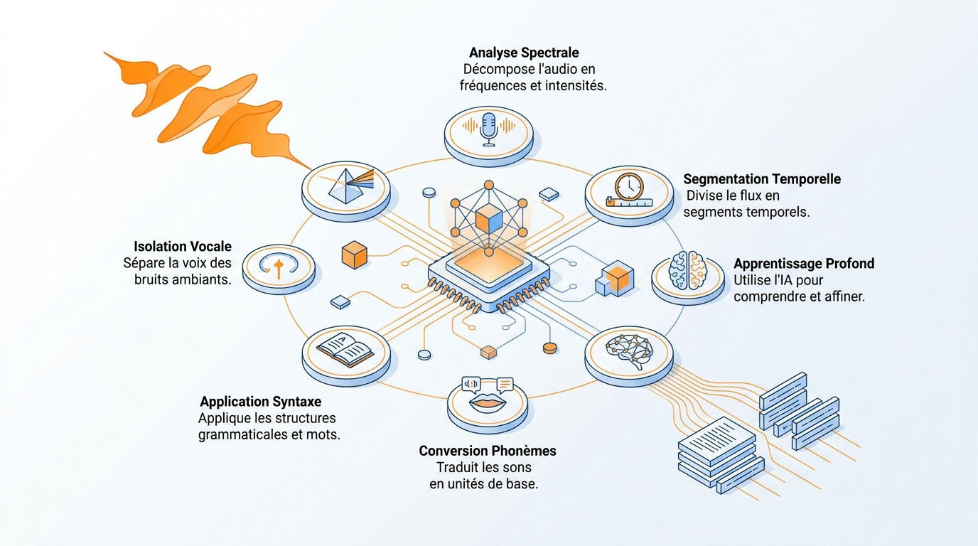 Schéma technique du traitement du signal audio par intelligence artificielle vers le texte