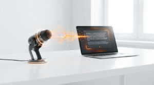 Un microphone moderne envoie une onde sonore dorée vers un ordinateur portable affichant du texte retranscrit.