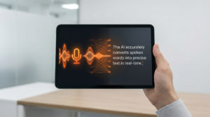 Une main tenant une tablette affichant une onde sonore, une icône de micro et un texte sur la transcription par IA.