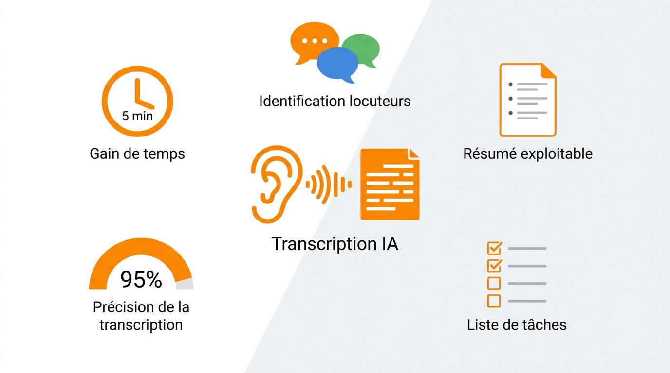Interface de transcription IA affichant le texte et l'identification des locuteurs en temps réel