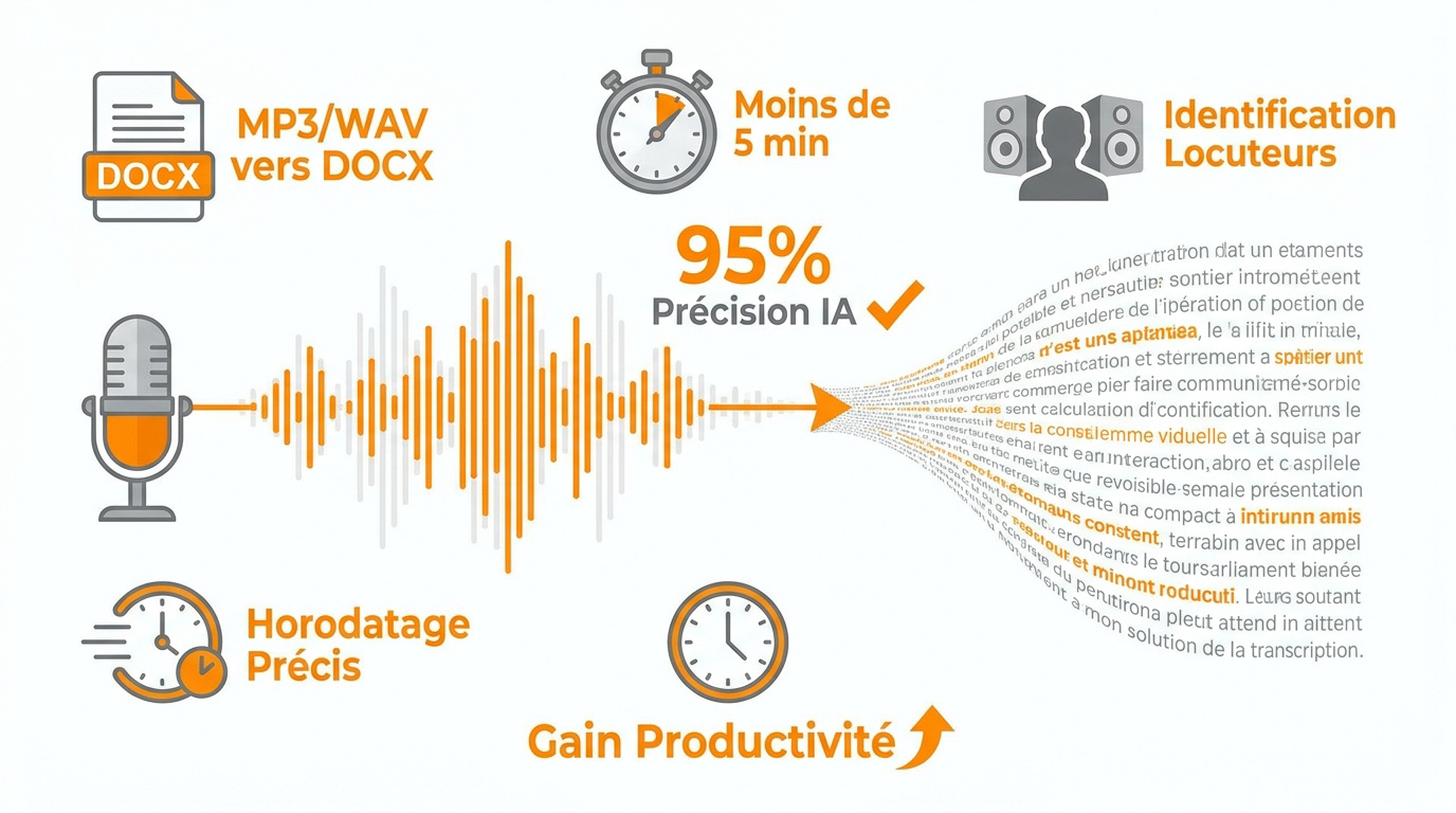 Interface logicielle affichant une transcription audio par IA avec horodatage et identification des locuteurs