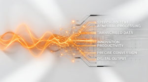 Visualisation abstraite de données audio converties en texte par une intelligence artificielle avec des lignes lumineuses.